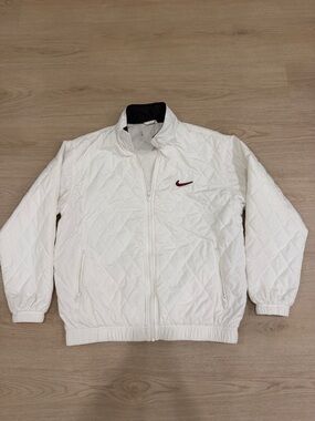 Vintage Y2K Nike Medium White Quilted Jacket with Red Swoosh